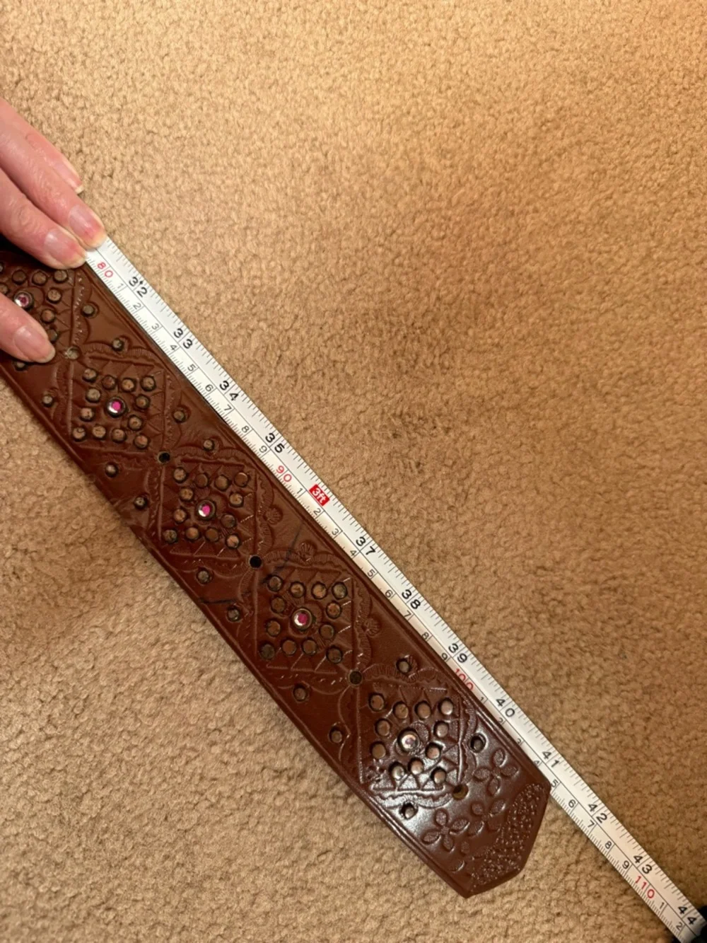 Lake Shore Drive Brown tooled leather Studded wide Vintage Western Belt large - Picture 9 of 17